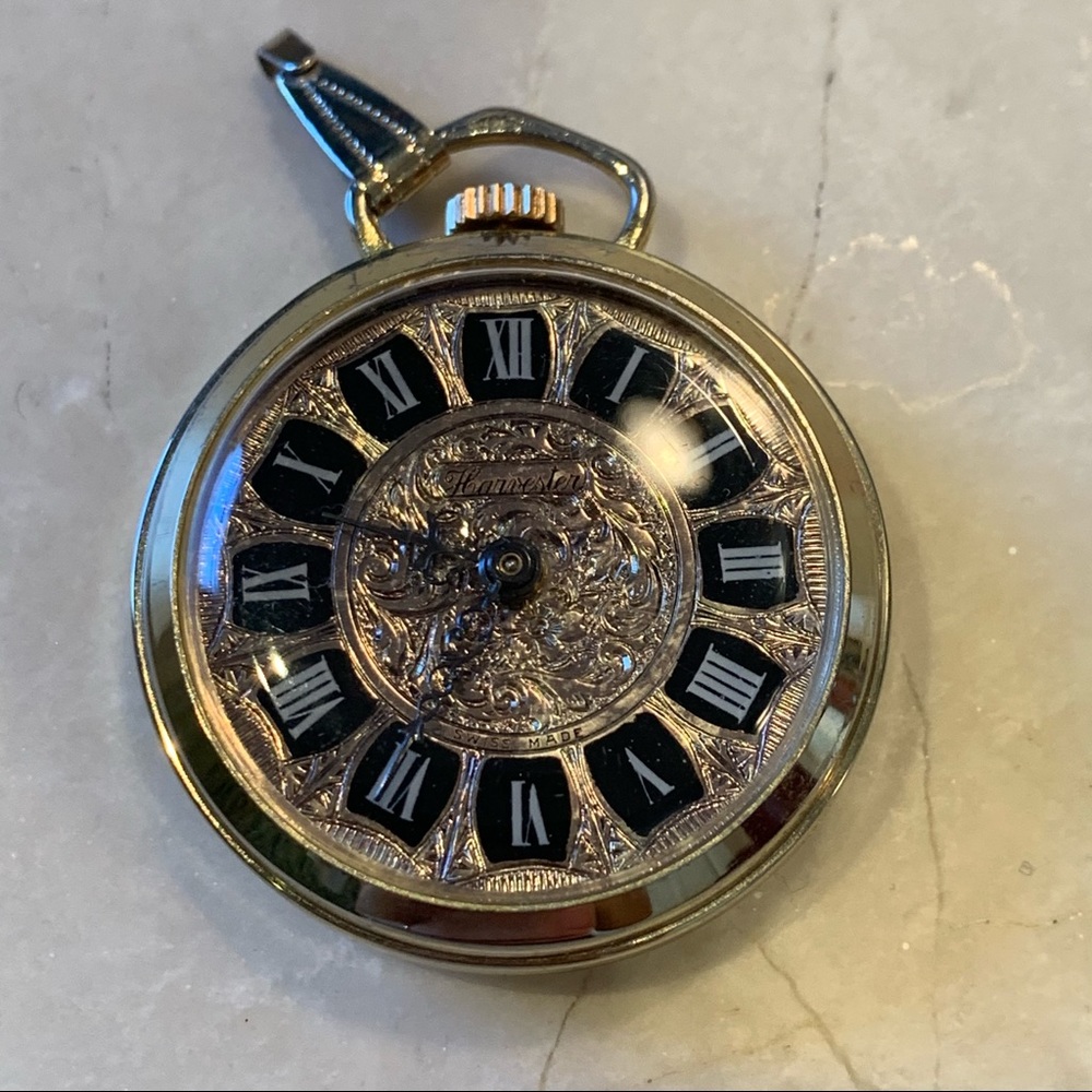 Harvester Gold Vintage Clock Pocket Watch Pendant Necklace